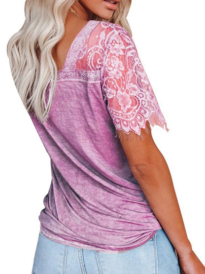 Solid Cotton V-Neck T-shirt with Lace Embroidery Sleeves
