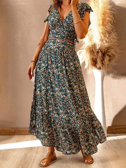 Boho Floral 2 Piece Set: Tank Top + Maxi Skirt for Any Occasion Skirt Set - Chuzko Women Clothing