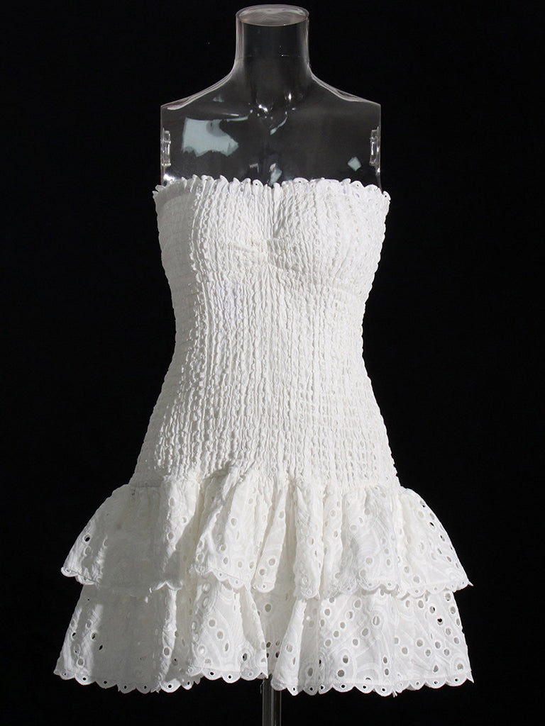 Cotton Smocked Layered Rufle Strapless Mini Dress