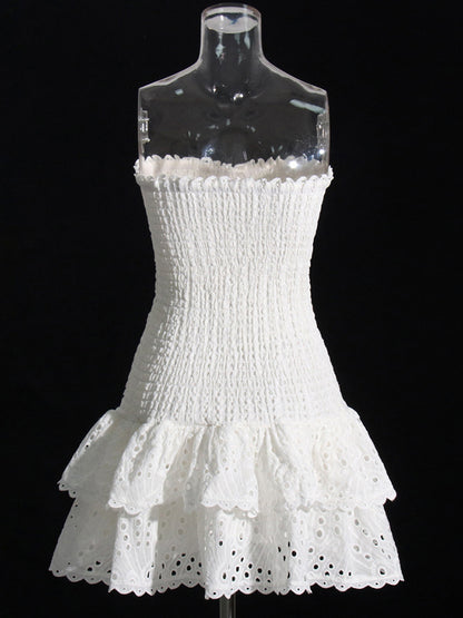 Cotton Smocked Layered Rufle Strapless Mini Dress