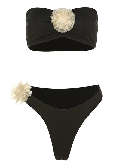 Floral Applique 2 Piece Bikini Set: Bandeau Top + Low Waist Thong Swimwear - Chuzko Women Clothing