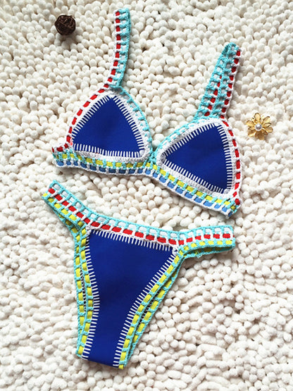 Trendy Women's Crochet 2-Piece Bikini Set: Padded Triangle Bra + Mid Thong Swimwear - Chuzko Women Clothing
