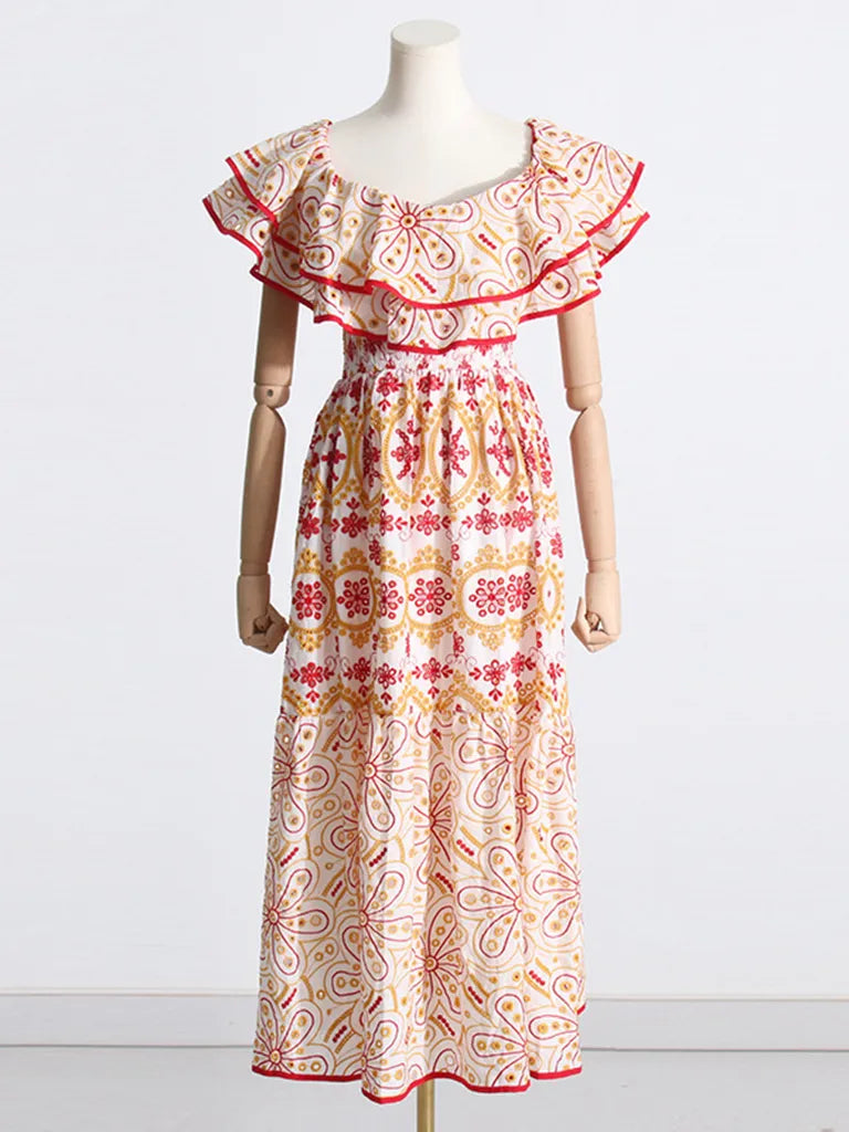 Women's Embroidered Cotton Eyelet Midi Dress with Flowy Ruffles Midi Dresses - Chuzko Women Clothing