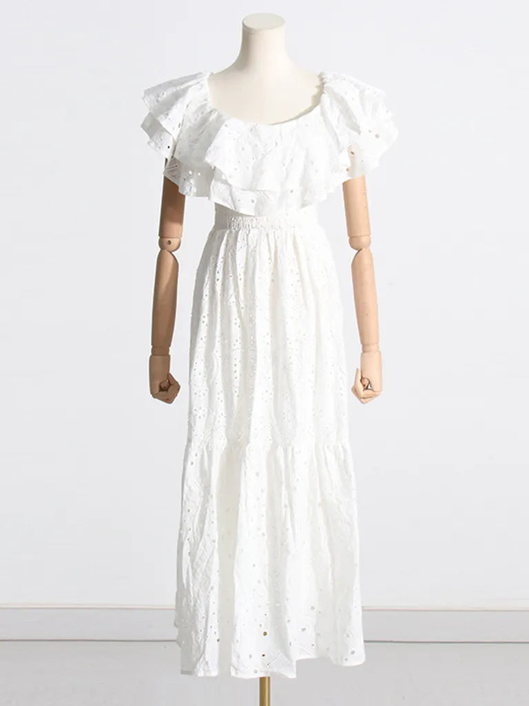 Women's Embroidered Cotton Eyelet Midi Dress with Flowy Ruffles Midi Dresses - Chuzko Women Clothing