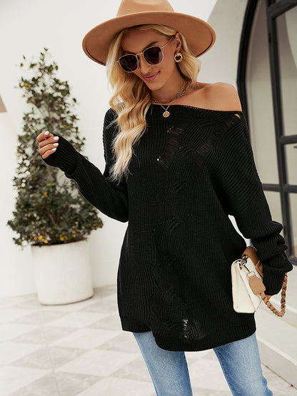 Fashionably Chic: Knit Mesh Insert Sweater - Long Knitwear for Women Sweaters - Chuzko Women Clothing