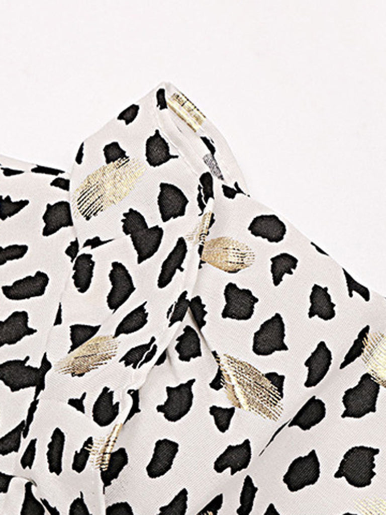 Gold Dot Dalmatian print Ruffle Lantern Sleeve Top Blouse Blouses - Chuzko Women Clothing