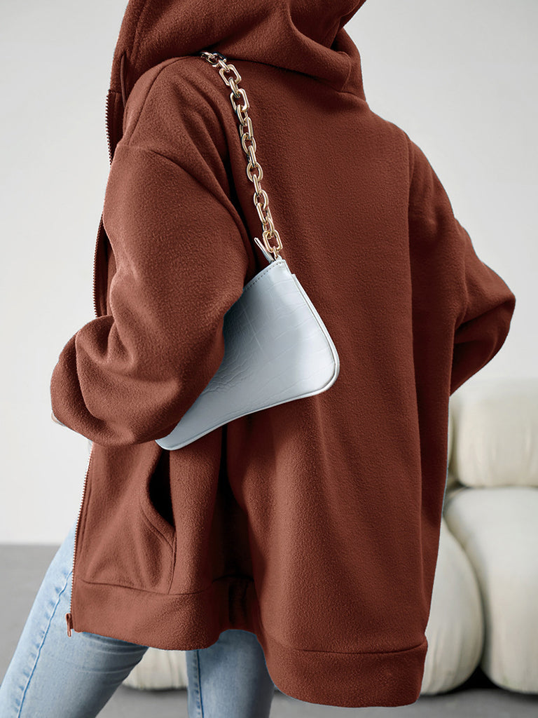 Plush Fleece Kangaroo Pockets Zip-Up Hoodie Jacket Hoodies - Chuzko Women Clothing