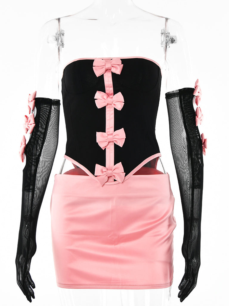 3-Piece Clubbing Night Corset Top & Mini Skirt & Arm Sleeves, Bow Accents Skirt Set - Chuzko Women Clothing