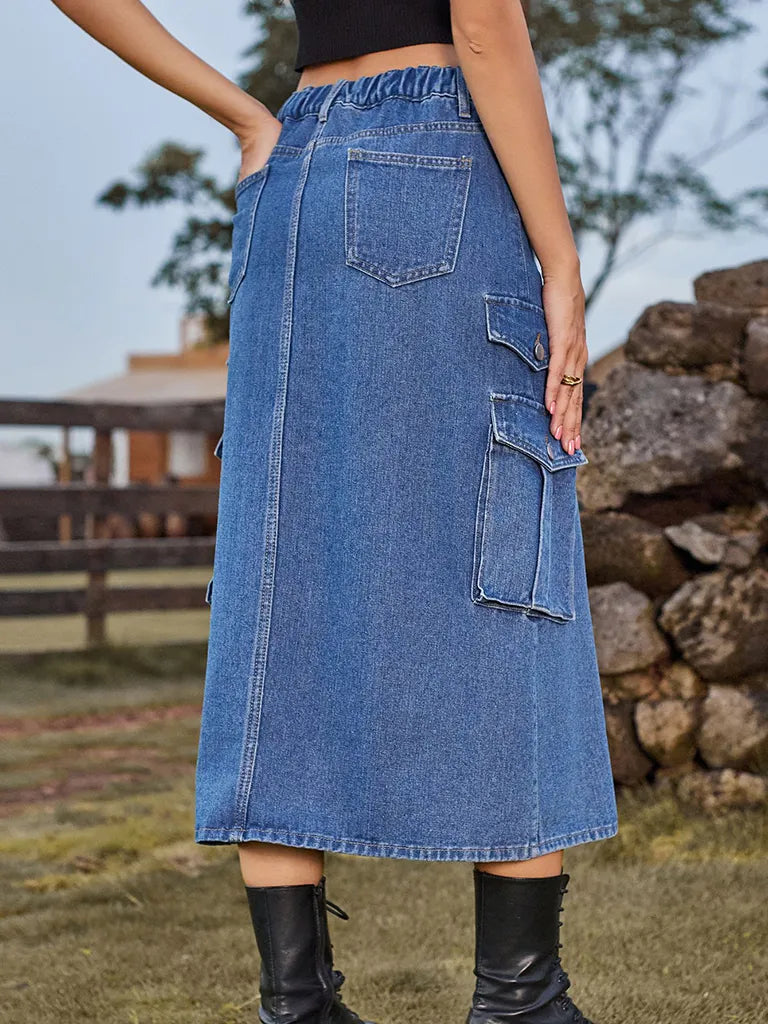 Washed Denim High Rise Cargo Slit Skirt with Flap Pockets Denim Skirts - Chuzko Women Clothing