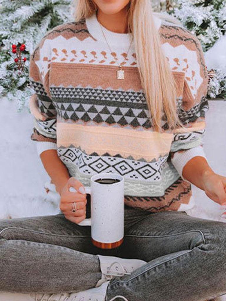 Geo Drop Shoulder Cozy Knit Sweater Jumper Sweaters - Chuzko Women Clothing