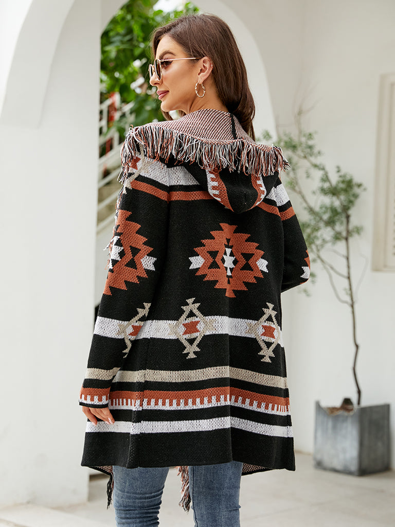 Aztec Knit Cozy Fringe Shawl Lapel Coat Coats - Chuzko Women Clothing