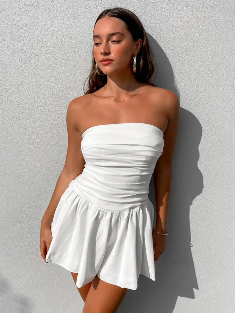 Summer Strapless Fit and Flare Mini Dress with Smocked Back