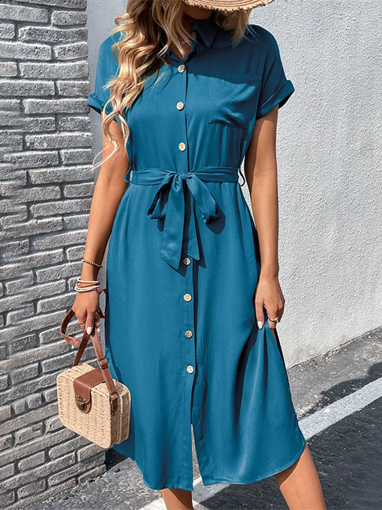 Solid Button-Up Midi Dress with Waist Cinching Belt