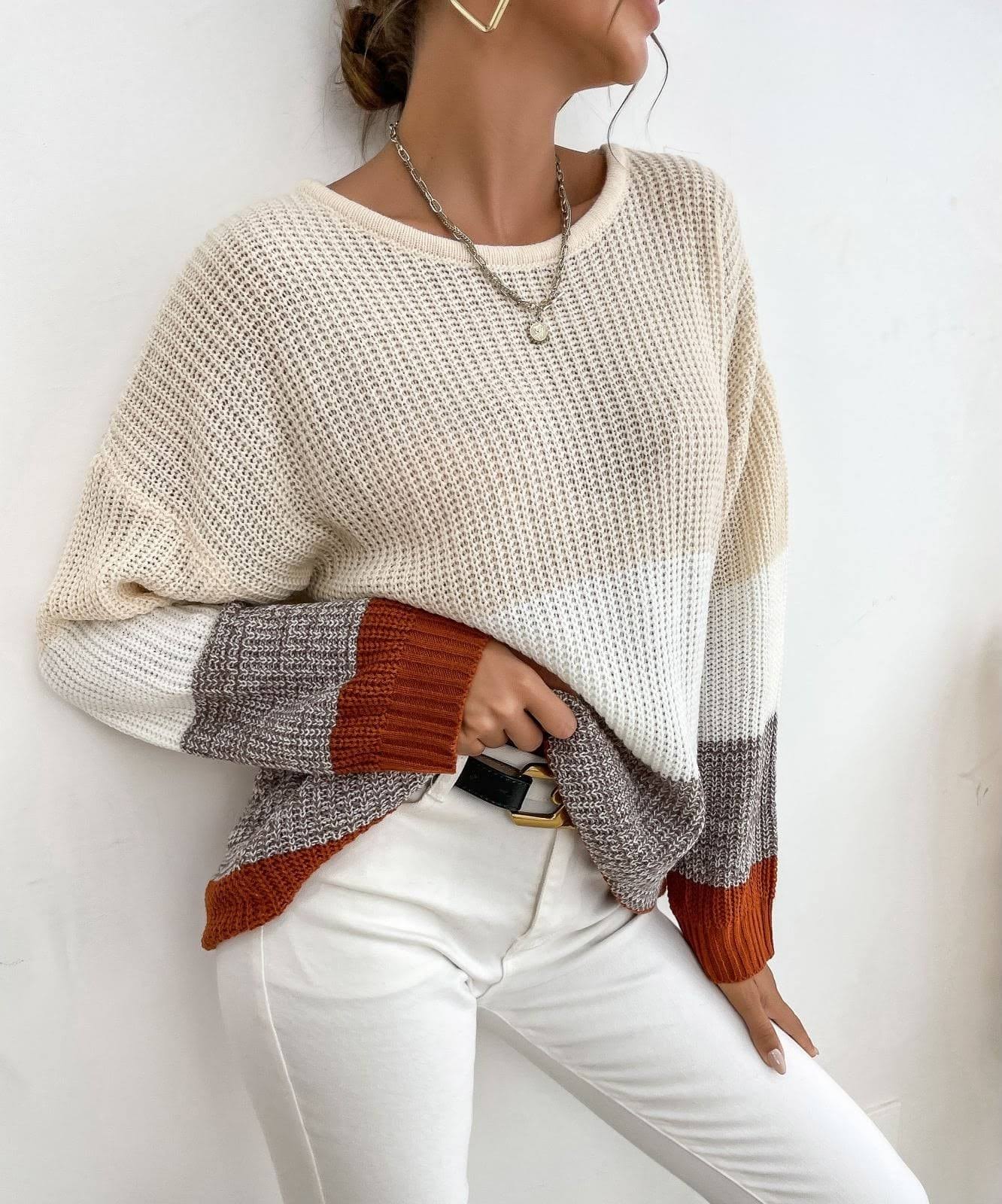 Colorblock Knit Sweater - Pullover with Drop Shoulders, Ribbed Finish Sweaters - Chuzko Women Clothing