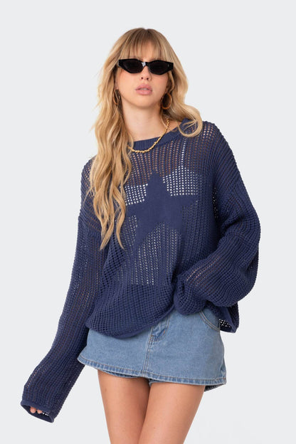 Trendy Hollow Out Knitwear Top - Starry Knit Sweater Sweaters - Chuzko Women Clothing