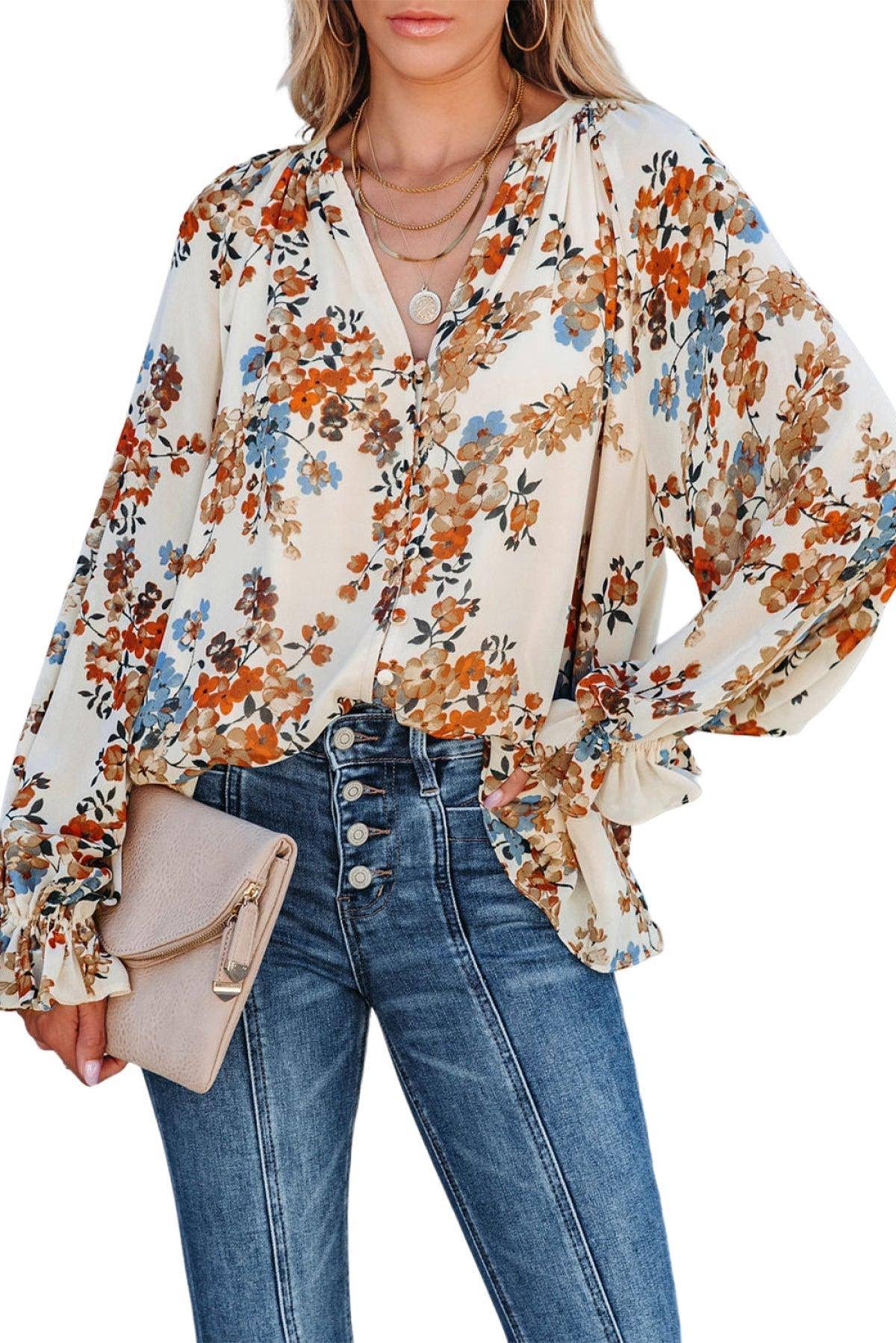 Women's Floral Button Down Blouse - Elegant Lantern Sleeve V Neck Top Blouses - Chuzko Women Clothing