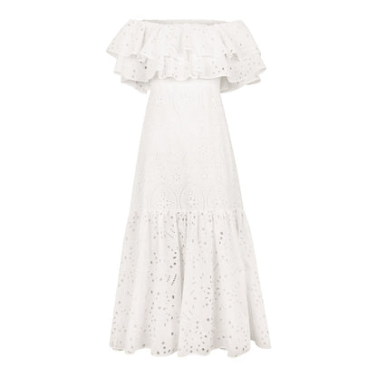 Women's Embroidered Cotton Eyelet Midi Dress with Flowy Ruffles Midi Dresses - Chuzko Women Clothing