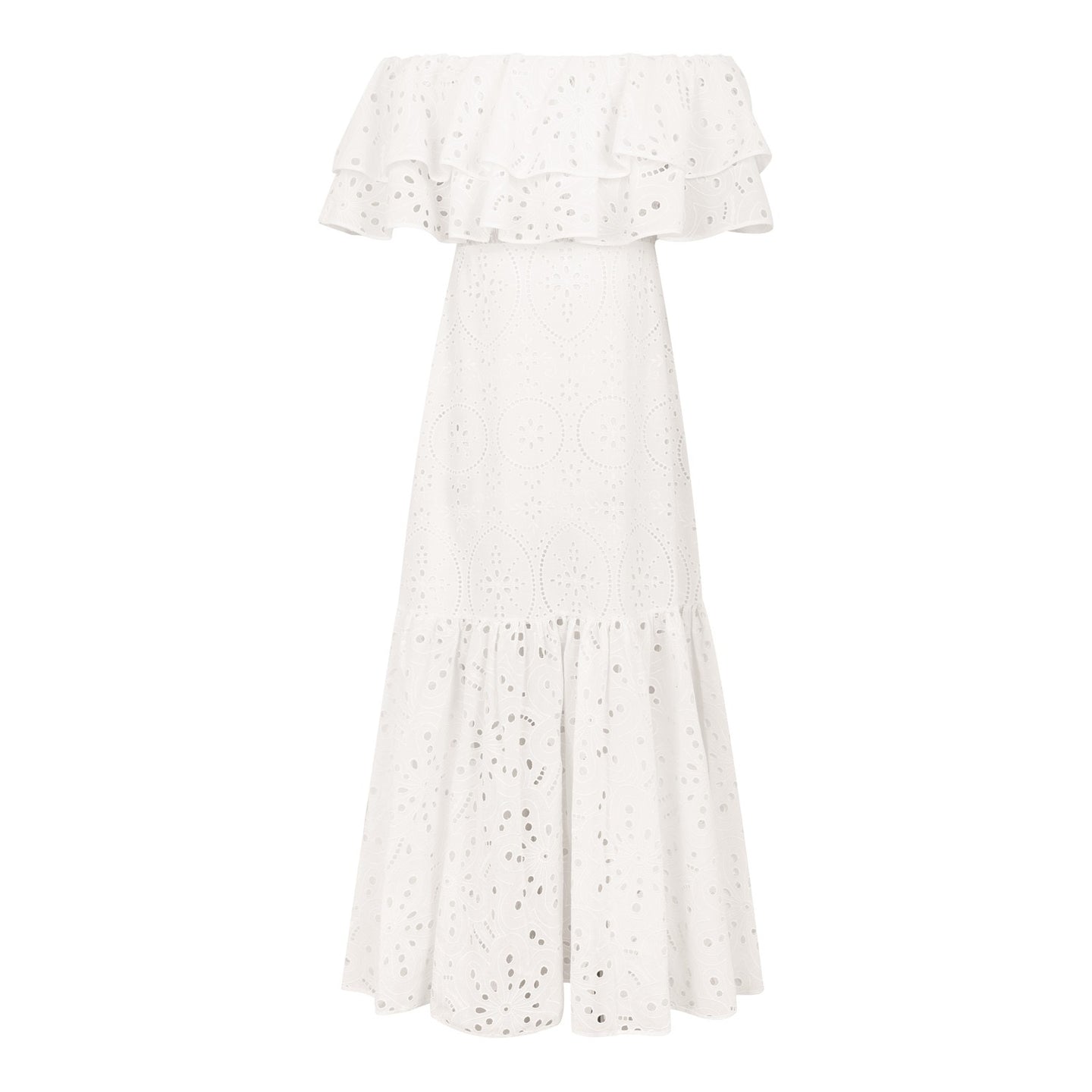 Women's Embroidered Cotton Eyelet Midi Dress with Flowy Ruffles Midi Dresses - Chuzko Women Clothing