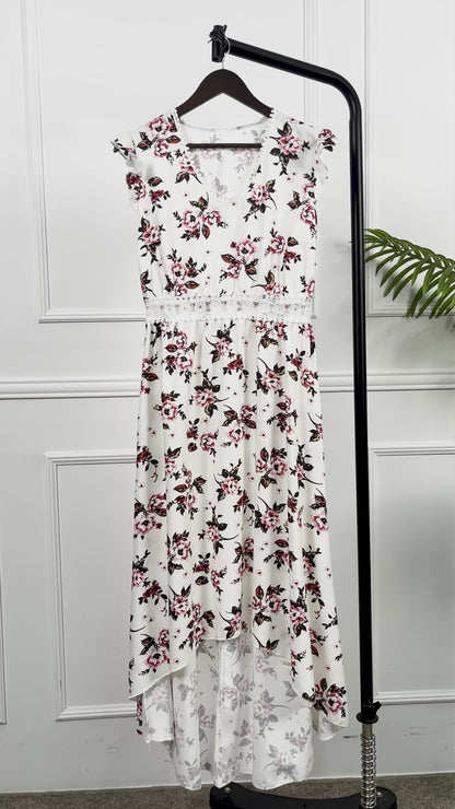 Cocktail Cotton Floral V-Neck High-Low Midi Dress with Lace Accents