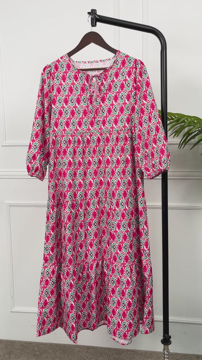Geometric Print Puff Sleeve Tiered Holiday Maxi dress