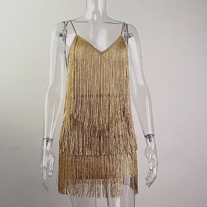 Minikleid mit Fransen und Pailletten – Funkelndes, rückenfreies Flapper-Kleid