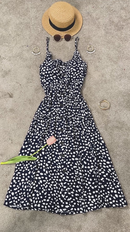 Abstraktes, lässiges Midi-Cami-Kleid in A-Linie mit Knöpfen und Taschen 