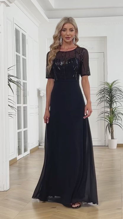 Regal Mesh-Sleeved A-Line Gown - Floor-Length Sequin Dress