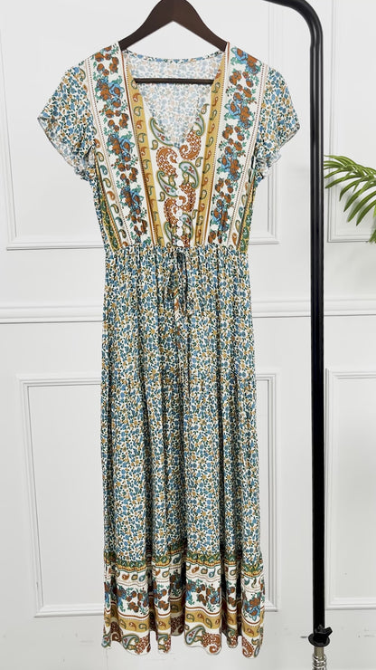 Boho Floral Tie-Waist Short Sleeve V-Neck Midi Dress