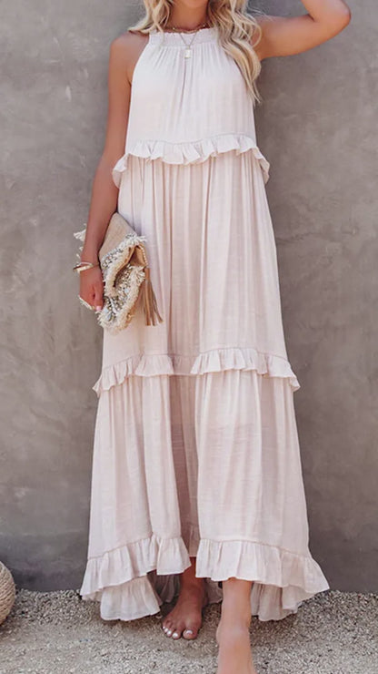 Vacation Solid A-Line Tiered Ruffle Halter Maxi Dress