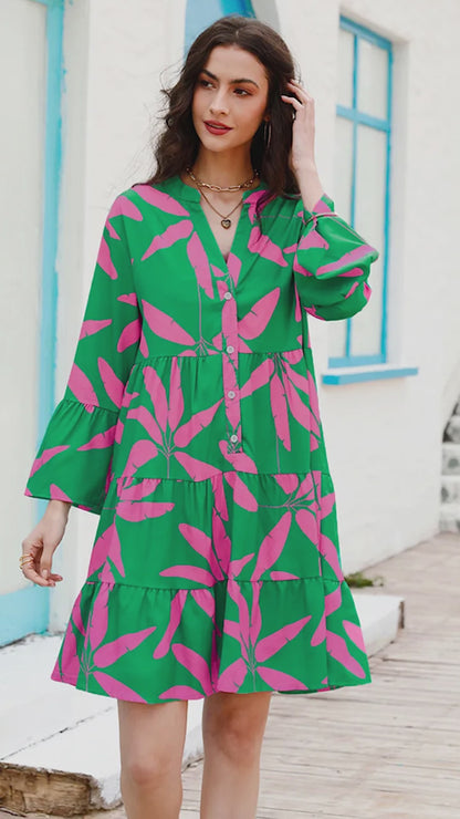 Abstract Print Half-Button Tiered Flowy Long Sleeve Short Dress