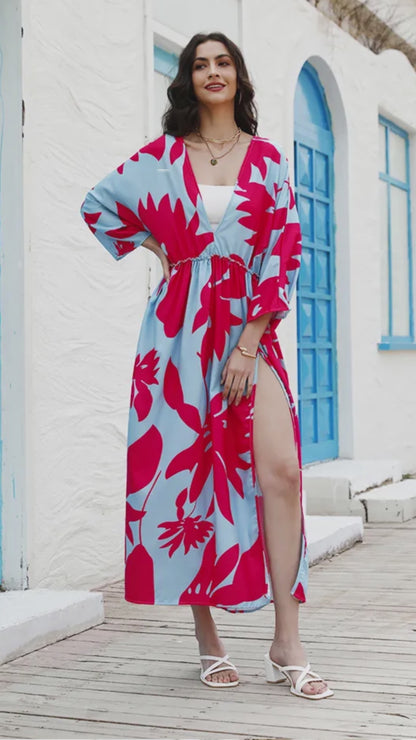 Tropical Print Plunge Slit Midi Dress