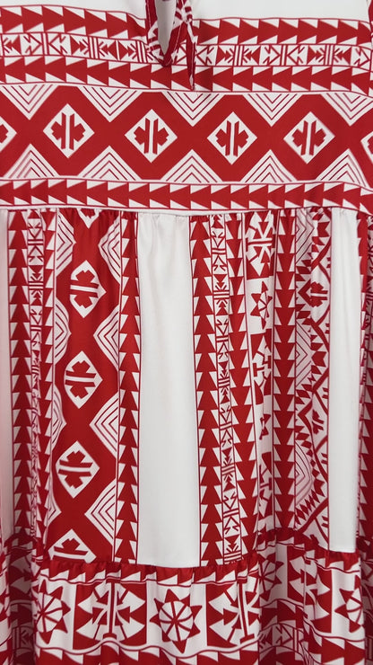 Geometric Print Puff Sleeve Tiered Holiday Maxi dress