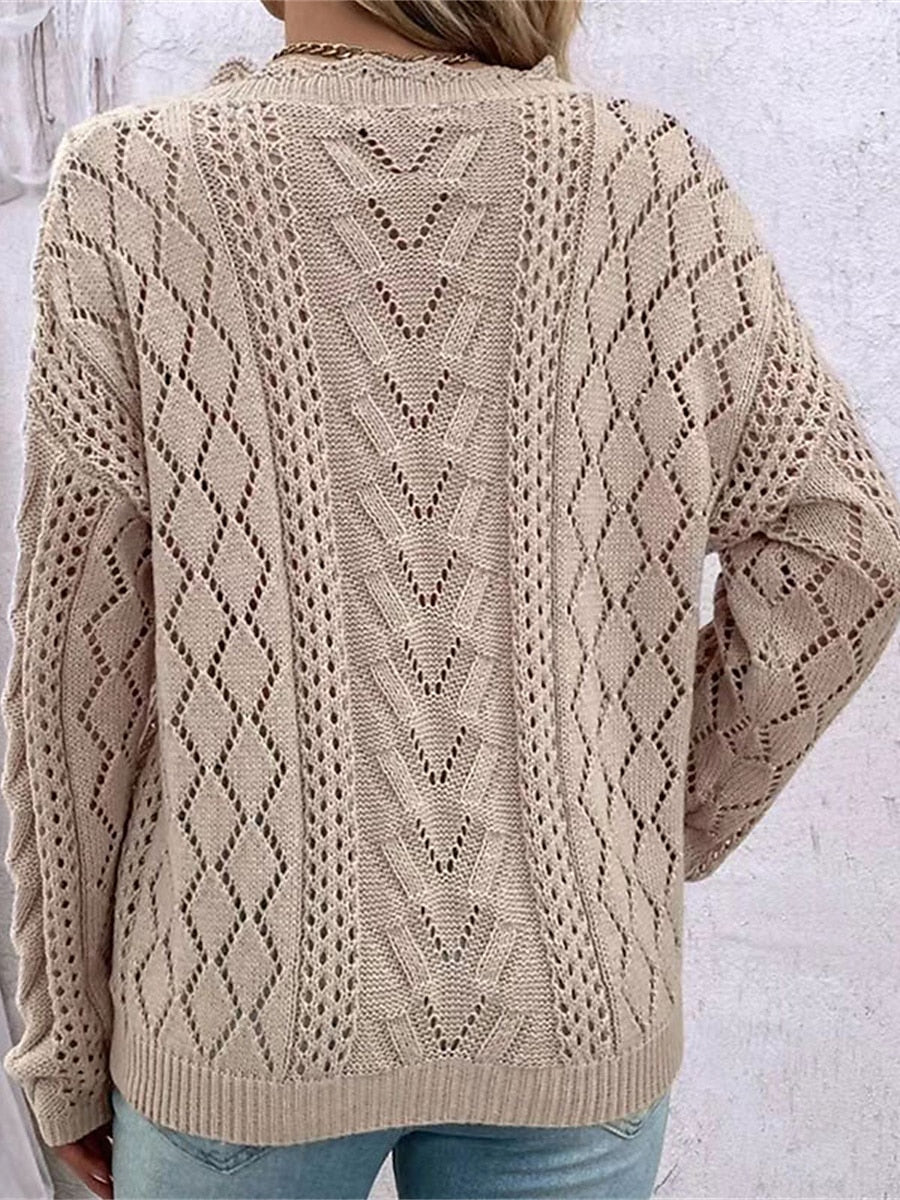 Fall Cozy Openwork Knitted V-Neck Sweater Jumper Sweaters - Chuzko Women Clothing