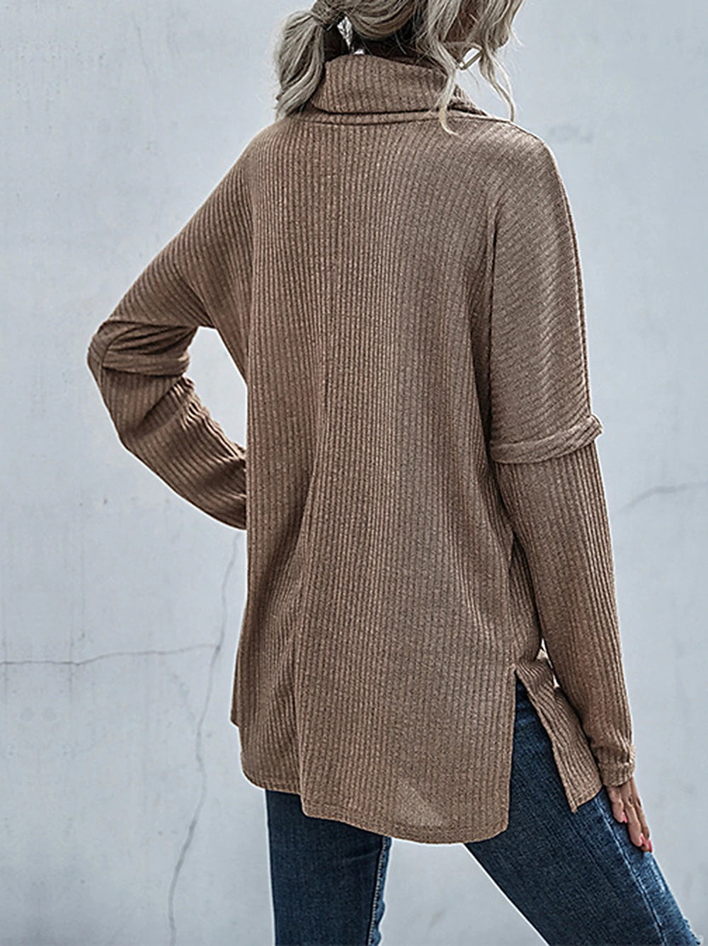 Knitted Patch Drop Shoulder Cowl Neck Sweater Sweaters - Chuzko Women Clothing