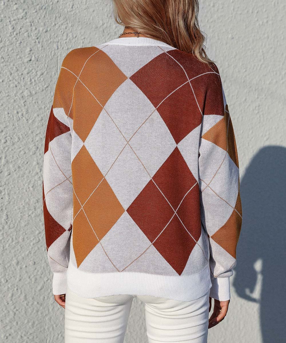 Trendy Checkered Sweater - Round Neck Oversized Knitwear Sweaters - Chuzko Women Clothing