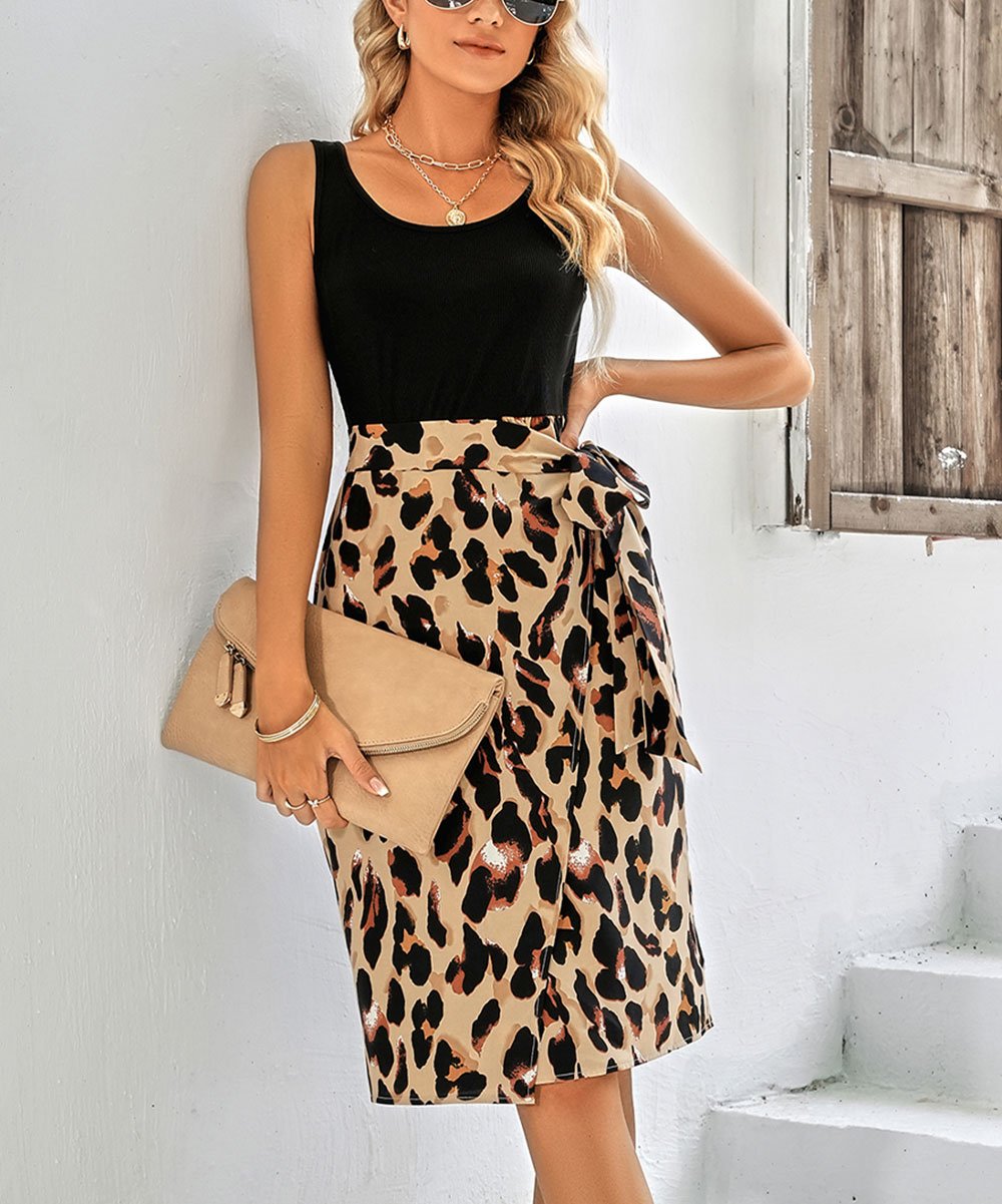 Leopard Print Colorblock Belted A-line Dress Midi dress - Chuzko Women Clothing