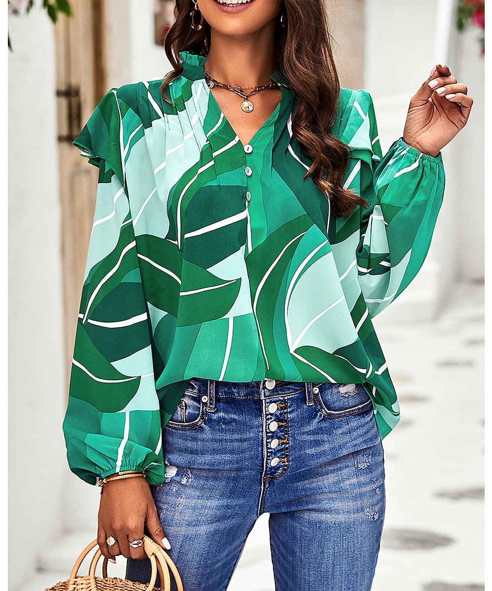 Elegant Floral Lantern Sleeve Blouse - Ruffle & Pleated Accents Top Blouses - Chuzko Women Clothing