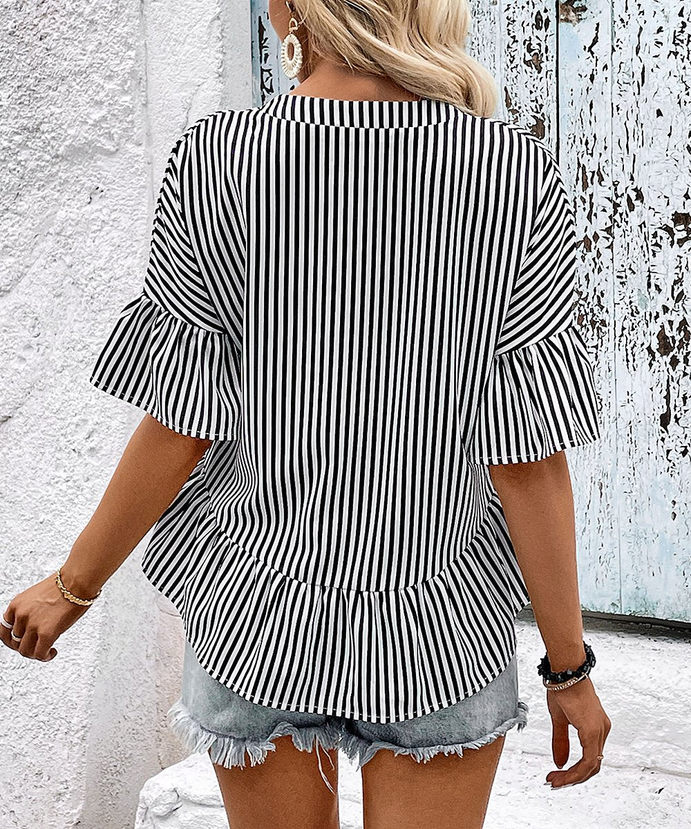 Charm & Elegance: Stripy Print Ruffle Blouse - Button Down Peplum Top Blouses - Chuzko Women Clothing