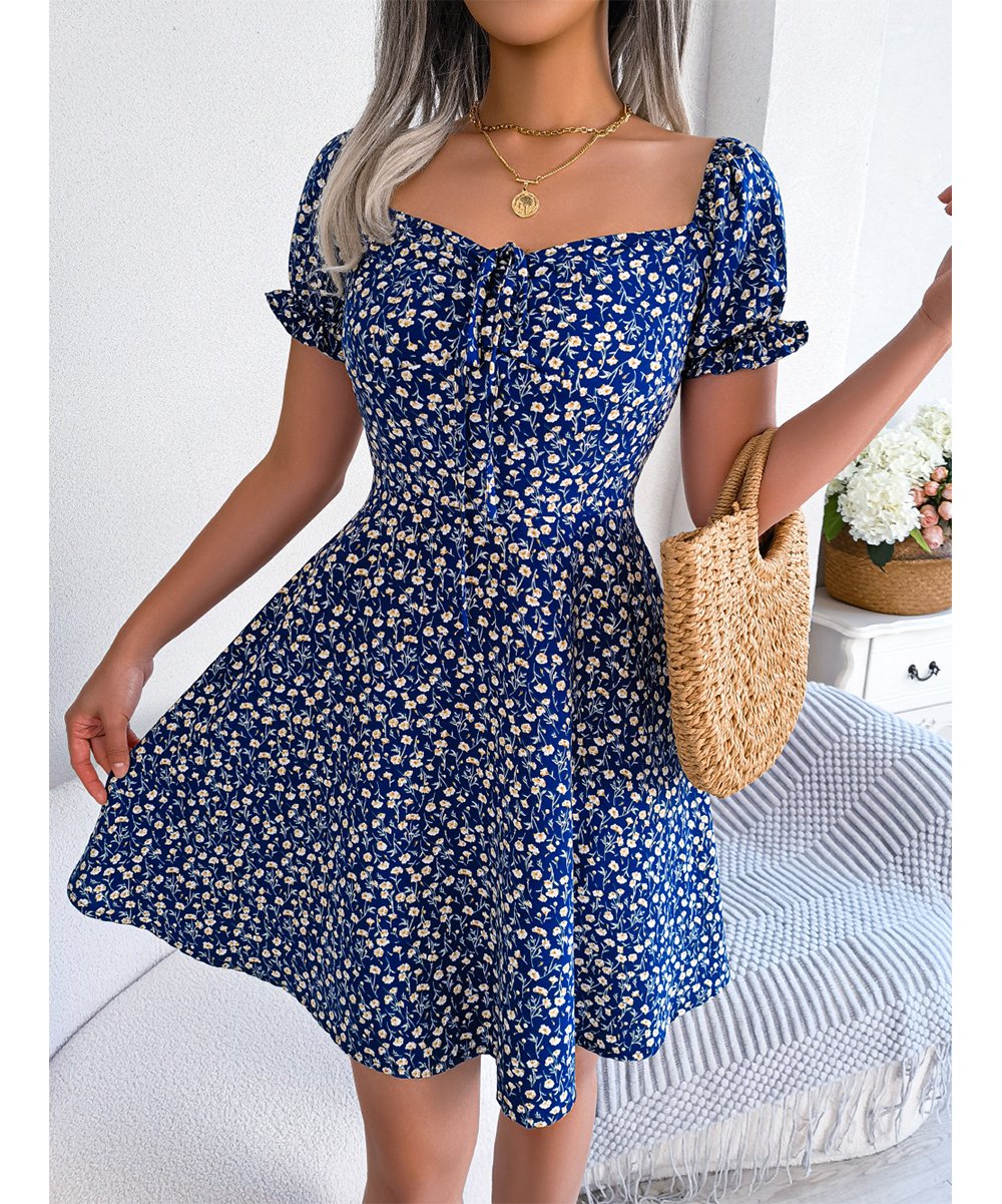 Chic and Comfy Floral A-Line Dress with Tie Front and Square Open Back Dresses - Chuzko Women Clothing