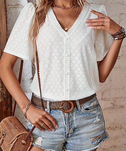 Women's Lace Accent Blouse - Chic Style Eyelet Short Puff Sleeves Top Blouses - Chuzko Women Clothing