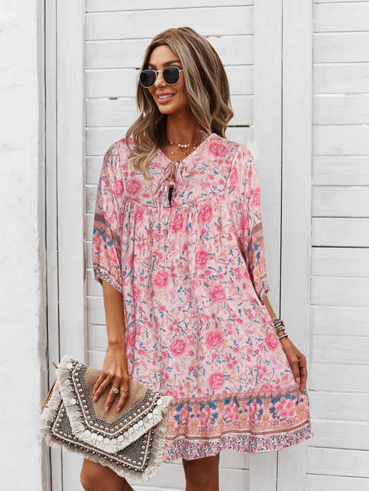 Women's Floral Neck Tie Loose Mini Dress Perfect for Any Occasion! Mini Dresses - Chuzko Women Clothing