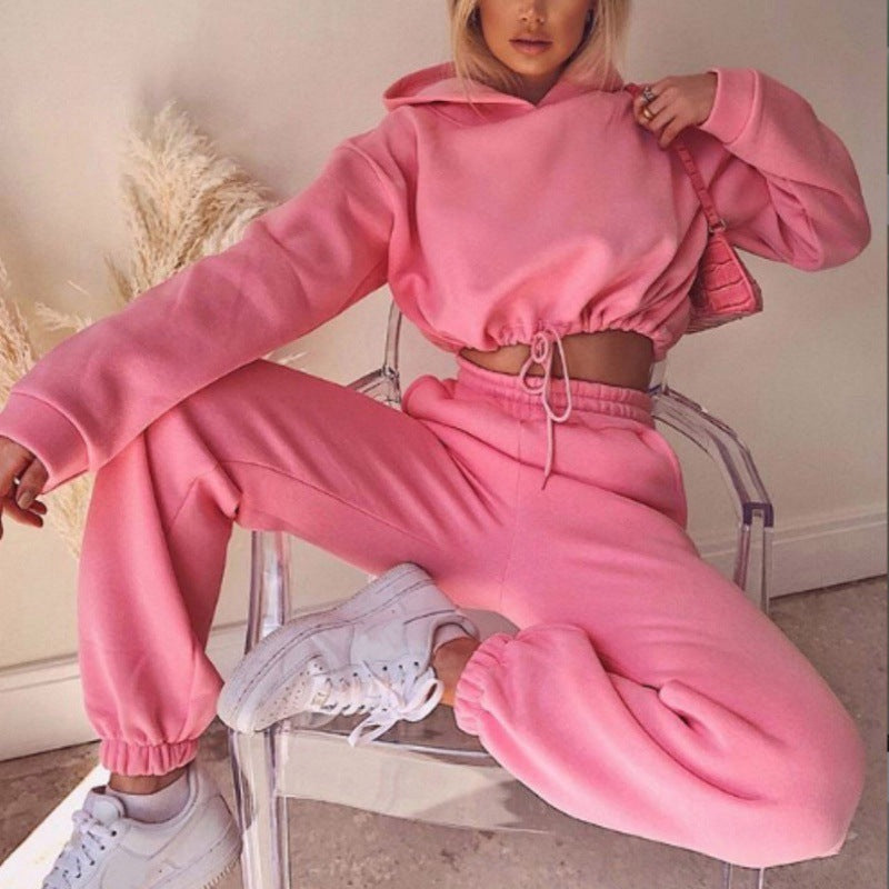 Solid Tracksuit Sweatpants and Crop Hoodie Tracksuits - Chuzko Women Clothing