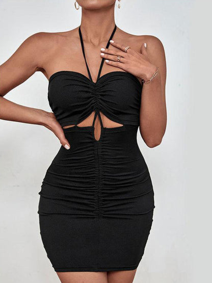 Backless Bodycon Mini Dress: Ruched Cut Out, Halter Neck - Shop Today! Bodycon Dresses - Chuzko Women Clothing