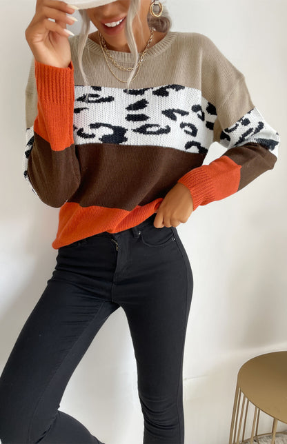 Color Block Leopard Knitted Pullover Sweater Sweaters - Chuzko Women Clothing