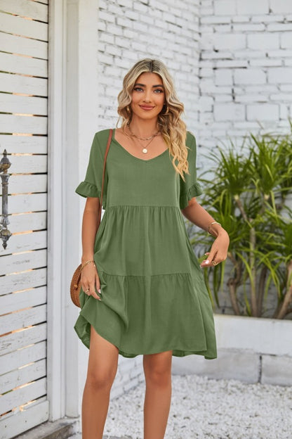 Casual Solid Flowy Tiered Mini Dress with Pockets Dress - Chuzko Women Clothing