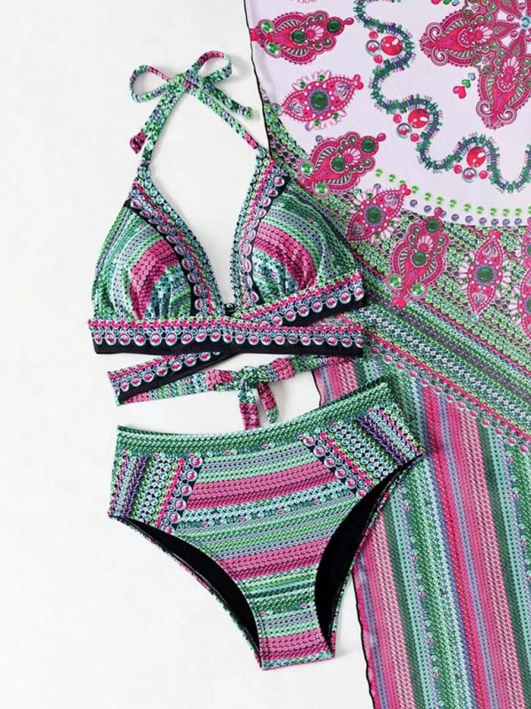 3-Piece Bikini- Geo Print 3 Piece Swimsuit - Criss-Cross Top & High-Waist Bikini & Cover-Up- - Chuzko Women Clothing