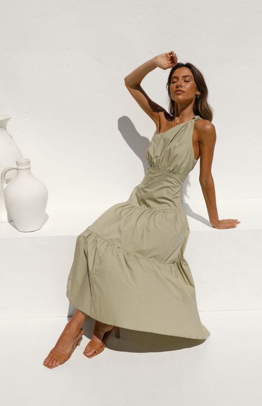 One Shoulder Cotton Midi Dress Dress - Chuzko Women Clothing