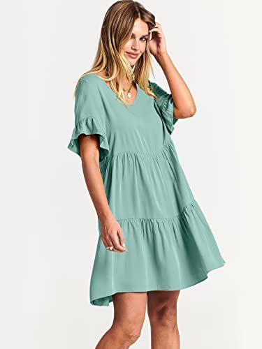 Casual Solid Flowy Tiered Mini Dress with Pockets Dress - Chuzko Women Clothing