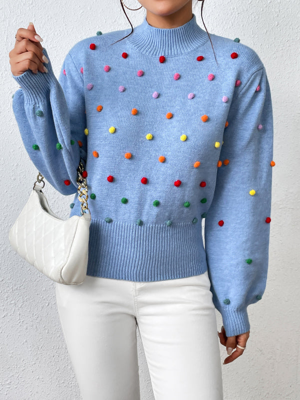 Women's Rainbow Pom Pom Sweater - Fashionable Knitwear Pullover Sweater - Chuzko Women Clothing