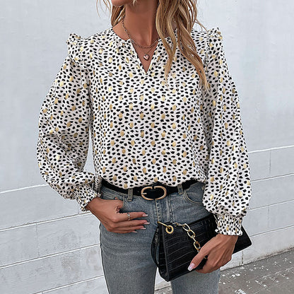 Gold Dot Dalmatian print Ruffle Lantern Sleeve Top Blouse Blouses - Chuzko Women Clothing